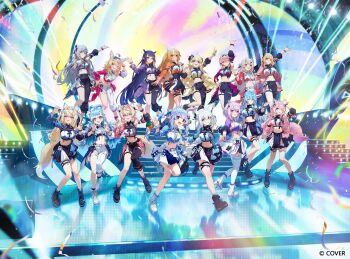  6+girls :d ;d animal_ears asymmetrical_clothes asymmetrical_sleeves black_pants black_shirt black_skirt boots cat_ears cat_girl cat_tail collared_shirt color-coded commentary_request company_name concert copyright_notice cropped_shirt demon_horns demon_tail detached_sleeves dog_ears dog_girl dog_tail elf full_body fuwawa_abyssgard hakui_koyori highres hololive hololive_english hololive_idol_uniform_(color_rise) hololive_indonesia horns idol idol_clothes kobo_kanaeru lace-up_boots long_hair looking_at_viewer midriff miniskirt mismatched_sleeves mococo_abyssgard multicolored_shirt multiple_girls nakiri_ayame navel nekomata_okayu ninomae_ina'nis official_alternate_costume official_art omaru_polka one_eye_closed oni open_mouth pants platform_boots pointy_ears puffy_detached_sleeves puffy_short_sleeves puffy_sleeves r1zen rabbit_ears rabbit_girl rabbit_tail sheep_horns shirakami_fubuki shiranui_flare shirt short_hair short_sleeves siblings single_detached_sleeve single_pantsleg single_sleeve sisters skin-covered_horns skirt smile standing tail takane_lui thighhighs tsunomaki_watame twins usada_pekora very_long_hair vestia_zeta virtual_youtuber white_shirt white_skirt white_thighhighs wolf_ears wolf_girl wolf_tail yukihana_lamy yuzuki_choco 