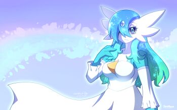 1girl alternate_color alternate_shiny_pokemon aqua_hair arm_at_side bare_shoulders black_eyes blue_background blue_eyes blue_gem blue_hair blue_skin breasts character_name closed_mouth colored_skin dated detached_sleeves english_text female_focus gardevoir gardevoir_day gem gen_3_pokemon gradient_background green_hair hair_ornament hair_over_one_eye hand_up long_hair long_skirt long_sleeves looking_at_viewer medium_breasts multicolored_eyes multicolored_skin nintendo one_eye_covered partial_humanization pokemon pokemon_(creature) sad shirt skirt sleeveless sleeveless_shirt solo sparkle standing starlet_nexus tears two-tone_skin white_shirt white_skin white_skirt white_sleeves