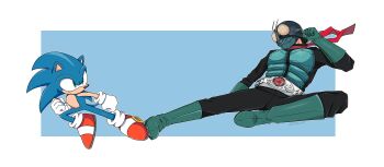  2boys absurdres antennae arm_up armor armored_bodysuit artist_name black_bodysuit black_hair blue_background blue_fur bodysuit boots border breastplate bug clenched_hands closed_mouth commentary compound_eyes crossover english_commentary flying_kick full_body furry furry_male gloves grasshopper green_armor green_boots green_eyes green_gloves green_helmet hedgehog_boy helmet highres insect kamen_rider kamen_rider_1 kamen_rider_1_(shin) kicking leather_suit looking_at_another male_focus mask midair mixed-language_commentary multiple_boys orange_eyes outstretched_leg red_scarf red_shoes rider_belt rider_kick scarf serious shin_kamen_rider shoes short_hair sonic_(series) sonic_the_hedgehog tokusatsu twitter_username typhoon_(kamen_rider) waitochan white_border white_gloves 