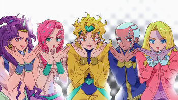  +_+ 5boys :d :o absurdres asami_poe_n battle_tendency black_nails blonde_hair blue_eyes braid bright_pupils cassock coat colored_eyelashes commentary_request curly_hair dark-skinned_male dark_skin diavolo dio_brando ear_birthmark earrings enrico_pucci fang fingernails frilled_sleeves frills funny_valentine gloves green_eyes green_headband hands_up headband highres horns jacket jewelry jojo_no_kimyou_na_bouken kars_(jojo) lipstick long_fingernails long_hair long_sleeves looking_at_viewer makeup male_focus multiple_boys open_mouth pants pink_coat pink_hair pink_lips purple_eyes purple_gloves purple_hair red_eyes short_hair smile spotted_hair stardust_crusaders steel_ball_run stone_ocean sweat topless_male upper_body vento_aureo very_long_hair very_short_hair white_hair white_pupils yellow_jacket yellow_pants 