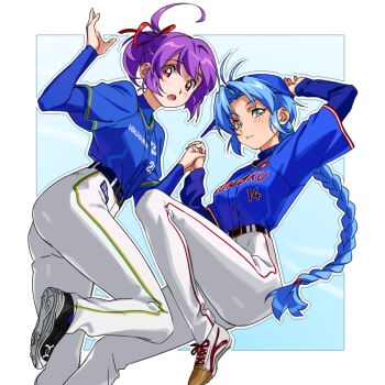  2girls :o ahoge antenna_hair ass backwards_hat baseball_cap baseball_uniform belt blue_hair blue_shirt blush border braid braided_ponytail commentary green_eyes hair_ribbon hat high-waist_pants holding_hands home_(houmei) interlocked_fingers jikkyou_powerful_pro_yakyuu layered_sleeves long_hair long_sleeves looking_at_viewer multiple_girls open_mouth outline pants parted_lips ponytail purple_hair red_eyes red_ribbon ribbon rokudou_hijiri shirt shirt_tucked_in shoes short_hair short_over_long_sleeves short_ponytail short_sleeves single_braid sneakers sportswear tachibana_mizuki_(pawapro) very_long_hair white_border white_outline white_pants 