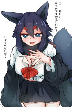  1girl :3 animal_ears baggy_clothes black_hair black_skirt black_sweater blue_eyes bow bowtie breasts bright_pupils cleavage commentary_request fangs fox_ears fox_girl fox_tail gen_5_pokemon hair_flaps highres humanization large_breasts long_sleeves low_ponytail nintendo off-shoulder_sweater off_shoulder open_mouth pokemon ponytail red_bow red_bowtie red_nails rexeig shirt skirt sweater tail thick_eyebrows tied_shirt translation_request white_shirt zorua 