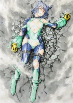  1girl arm_at_side battle_damage blue_bodysuit blue_hair bodysuit boku_no_hero_academia boots breasts closed_eyes crater defeat full_body gloves green_bodysuit hado_nejire hair_horns hashtag-only_commentary highres katsu_(24791909) legs_apart lying marker_(medium) medium_breasts multicolored_bodysuit on_ground parted_lips peril ryona short_hair single_bare_shoulder slim_legs smoke superhero_costume torn torn_bodysuit torn_clothes torn_sleeves traditional_media unconscious yellow_gloves 
