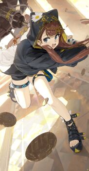  1girl absurdres animal_ears arknights black_jacket black_shorts blue_eyes brown_hair brown_tail cat_ears cat_girl cat_tail commentary_request ears_under_headwear extra_ears fang flower hammer highres holding holding_hammer holding_weapon hood hood_down hooded_jacket huge_weapon infection_monitor_(arknights) jacket long_hair looking_at_viewer o-ring o-ring_thigh_strap open_mouth pepe_(arknights) shorts smile solo songchuan_li standing standing_on_one_leg tail tail_ornament thigh_strap toenails toes war_hammer weapon white_flower  rating:General score:11 user:danbooru