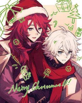  2boys ahoge anger_vein beard_stubble black_gloves black_shirt blue_eyes brown_coat chinese_commentary christmas christmas_tree clenched_teeth coat commentary_request dystopia_no_ou english_text engrish_text facial_hair fingerless_gloves fur-trimmed_headwear fur_trim gift gingerbread_man gloves hair_between_eyes hat highres inga_kiriku iro_(kakerairo) long_hair long_sleeves male_focus merry_christmas multiple_boys open_mouth pink_eyes ranguage red_hair red_hat red_scarf santa_hat scarf shared_clothes shared_coat shirt sleeveless sleeveless_shirt smile stubble teeth tobari_rikyou white_hair 