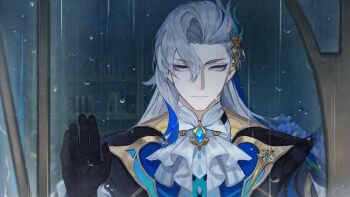  1boy against_glass ascot black_coat black_gloves blue_hair brooch closed_mouth coat commentary english_commentary from_outside genshin_impact gloves grey_hair hair_between_eyes hair_ornament hand_on_glass hand_on_window hand_up jewelry long_hair looking_ahead male_focus multicolored_hair neuvillette_(genshin_impact) purple_eyes rain signature solo streaked_hair tooaya upper_body white_ascot window 