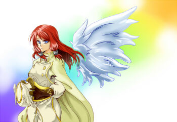  1girl angel_wings arc_system_works blazblue blazblue:_continuum_shift blue_eyes bluerosekk cape female_focus gloves gradient_background hat long_hair military military_uniform red_hair solo tsubaki_yayoi white_background wings 