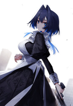  1girl absurdres adarin apron black_dress blue_eyes blue_hair blurry blurry_background breasts colored_inner_hair commentary desert_eagle double-parted_bangs dress embroidered_dress embroidery empire_waist english_commentary expressionless frilled_apron frills gun hair_between_eyes hair_intakes handgun highres holding holding_gun holding_weapon hololive hololive_english juliet_sleeves large_breasts long_dress long_hair long_sleeves looking_at_viewer maid maid_apron multicolored_hair official_alternate_costume official_alternate_hairstyle ouro_kronii ouro_kronii_(maid) outdoors puffy_sleeves sleeve_cuffs solo trigger_discipline victorian_maid virtual_youtuber weapon white_apron 
