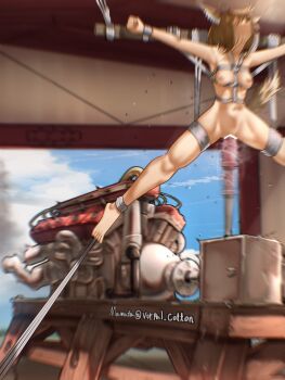  1girl absurdres animal_ears bdsm bondage bound breasts deep_penetration engine erect_tail forced highres mawara_(vorpal_cotton) outstretched_arms restrained sex_machine short_hair smoke spread_arms spread_legs suspension tail torture twitter_username  rating:Explicit score:64 user:Hiroka_Akita