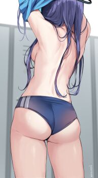 1girl arms_up artist_name ass bare_back black_halo blue_archive blue_buruma blue_hair blue_jacket breasts buruma cowboy_shot from_behind hair_over_breasts hair_over_one_breast halo highres jacket kaetzchen long_hair medium_breasts no_bra official_alternate_costume sideboob skindentation solo standing thighs topless_female track_jacket undressing yuuka_(blue_archive) yuuka_(track)_(blue_archive) rating:Questionable score:92 user:danbooru