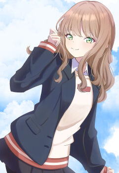  1girl absurdres black_jacket blazer blue_sky blush brown_hair cloud cloudy_sky commentary_request green_eyes gridman_universe hair_between_eyes highres jacket long_hair looking_at_viewer minami_yume open_clothes open_jacket pleated_skirt school_uniform seitani shirt skirt sky smile solo ssss.dynazenon 