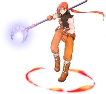  1boy alpha_transparency ankle_boots belt belt_buckle black_shirt boots brown_belt brown_boots buckle buttons closed_mouth full_body gloves hair_tubes holding holding_staff horsebeeeee large_belt leg_wrap long_hair looking_to_the_side loose_belt low-tied_long_hair low_ponytail male_focus midair muscular muscular_male nexon orange_gloves orange_hair orange_pants pants ponytail second-party_source shirt shoes shoulder_belt sidelocks simple_background single_hair_tube sivelin_uuo sleeveless sleeveless_shirt smile solo staff standing standing_on_one_leg tales_weaver torn_clothes torn_gloves torn_shirt transparent_background turtleneck turtleneck_shirt yellow_eyes 