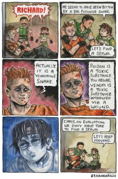  1girl 2boys artist_name bandana black_gloves blood blood_on_face brown_hair choker chris_redfield commentary earrings english_commentary fingerless_gloves gloves highres jewelry multiple_boys orange_shirt rebecca_chambers red_bandana resident_evil resident_evil_1 rhiannon_kagoe richard_aiken shirt shouting speech_bubble sweat 