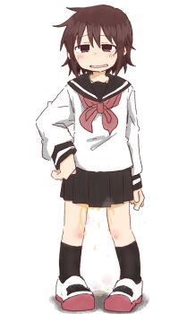 1girl black_sailor_collar black_skirt black_socks brown_eyes brown_hair collarbone female_focus flat_chest full_body half-closed_eyes hand_on_own_hip happy highres kneehighs kude_rei_(ponnu_(tnpn2yw)) long_sleeves matching_hair/eyes miniskirt neckerchief original peeing peeing_self pigeon-toed pleated_skirt ponnu_(tnpn2yw) red_neckerchief red_shoes sailor_collar school_uniform serafuku shirt shoes short_hair simple_background skirt smile socks solo standing steam wavy_mouth white_background white_shirt