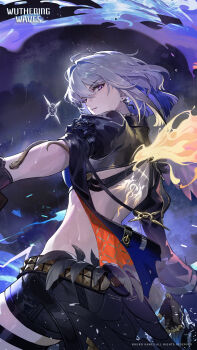  1girl absurdres aiming asymmetrical_wings back back_tattoo black_gloves black_jacket black_shorts black_wings blue_hair chimera_(wuthering_waves) colored_inner_hair commentary cropped_jacket earrings english_commentary feathered_wings galbrena_(wuthering_waves) gloves grey_hair gun highres holding holding_gun holding_weapon jacket jewelry logo looking_at_viewer looking_back medium_hair mismatched_wings multicolored_hair official_art purple_eyes rain short_shorts shorts smoke smoking_barrel solo tacet_discord_(wuthering_waves) tacet_mark_(wuthering_waves) tattoo thigh_strap weapon wet wings wuthering_waves  rating:Sensitive score:4 user:danbooru