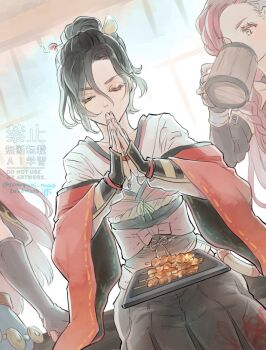  3girls armor black_gloves black_hair braid closed_eyes commentary_request conupuni_nuno cowboy_shot cup dated elbow_gloves eltrix_(octopath_traveler) fingerless_gloves food gloves green_eyes hair_bun hands_up heidne_(octopath_traveler) holding holding_cup indoors japanese_armor japanese_clothes kimono kote multiple_girls octopath_traveler octopath_traveler:_champions_of_the_continent octopath_traveler_0 own_hands_together pink_hair plate reime_(octopath_traveler) sitting twitter_username yakitori 