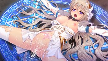  1girl after_rape after_vaginal aftersex blonde_hair blue_eyes blush bow braid breasts brown_hair censored cum cum_in_pussy cumdrip detached_collar dress elbow_gloves game_cg genseishinki_sacred_virth gloves hair_bow hairband large_breasts large_variant_set long_hair lying magic_circle magical_girl medium_breasts mosaic_censoring navel nipples non-web_source official_art on_back open_mouth outstretched_arms pubic_tattoo purple_eyes pussy sacred_claire saliva self-datamine short_sleeves solo spread_arms spread_legs tattoo tears thighhighs tierna_aeride_throne torn_clothes torn_dress torn_gloves torn_sleeves torn_thighhighs variant_set very_long_hair white_bow white_gloves white_thighhighs yuugure_pairo 