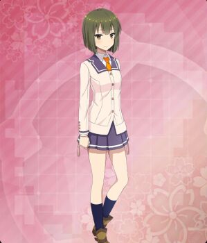  1girl ban_tsugumi blazer blue_sailor_collar blue_skirt blue_socks bob_cut boots breasts brown_boots buttons closed_mouth commentary_request dot_nose double-parted_bangs floral_background foot_out_of_frame game_cg green_hair highres jacket knee_up layered_sleeves long_sleeves looking_at_viewer necktie official_art pink_background renpu_girls_school_uniform resized sailor_collar school_uniform shirt short_hair skirt small_breasts smile socks solo tassel third-party_source toji_no_miko toji_no_miko:_kizamishi_issen_no_tomoshibi upscaled variant_set white_jacket white_shirt yellow_eyes yellow_necktie 