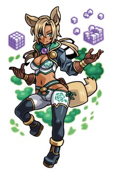  1girl animal_ears ankle_boots arsene_la_seine black_boots black_jacket blonde_hair boots breasts brown_gloves brown_tail cleavage closed_mouth crop_top cropped_jacket dark-skinned_female dark_skin fanny_pack floating floating_hair floating_object gloves gold_trim green_eyes green_trim harakawa_mitsuhiro jacket large_breasts long_hair low_ponytail midriff navel official_art open_clothes open_jacket pants ponytail sanpaku shinrabanshou shirt solo third-party_source transparent_background tsurime white_shirt 