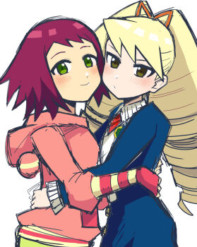  2girls :/ big_hair blonde_hair blue_jacket blush closed_mouth coco_apollon commentary_request drill_hair green_eyes hood hoodie hug jacket long_hair looking_at_viewer luna_platz_(mega_man) mega_man_(series) mega_man_star_force_(series) multiple_girls mutual_hug open_clothes open_jacket pink_hoodie red_hair shirt short_hair smile sonia_strumm_(mega_man) twin_drills upper_body white_shirt 