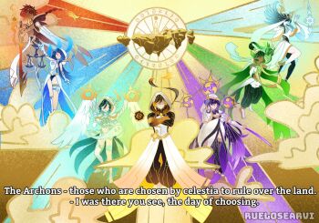  3boys 4girls abstract_background alternate_costume alternate_universe blue_hair blunt_bangs brown_hair commentary crop_top dark-skinned_female dark-skinned_male dark_skin dress egeria_(genshin_impact) electro_symbol_(genshin_impact) english_commentary english_text erbiarts faceless faceless_female faceless_male floating from_side full_body genderswap genderswap_(ftm) genderswap_(mtf) genshin_impact gradient_hair green_hair hair_between_eyes hair_ornament headphones highres holding holding_sword holding_weapon hood hood_up katana mausau_(genshin_impact) mitsudomoe_(shape) multicolored_hair multiple_boys multiple_girls musou_isshin_(genshin_impact) nahida_(genshin_impact) outdoors purple_hair raiden_shogun red_hair robe short_shorts shorts sword tomoe_(symbol) tsaritsa_(genshin_impact) venti_(genshin_impact) very_dark_skin weapon yellow_background zhongli_(genshin_impact) 