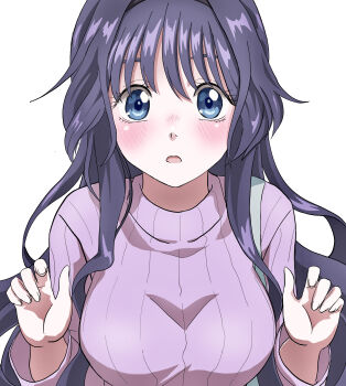  1girl absurdres black_hair blue_eyes blush breasts commentary_request hands_up highres kaoru_hana_wa_rin_to_saku large_breasts long_hair long_sleeves looking_at_viewer masasim parted_lips pink_sweater ribbed_sweater simple_background solo straight-on sweater turtleneck turtleneck_sweater upper_body waguri_kaoruko wavy_hair white_background wispy_bangs 