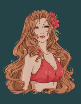  1girl absurdres aerith_gainsborough aerith_gainsborough_(pink_mermaid) alternate_hairstyle bare_shoulders bikini breasts brown_hair cleavage cropped_torso final_fantasy final_fantasy_vii final_fantasy_vii_rebirth final_fantasy_vii_remake flower green_background green_eyes hair_flower hair_ornament highres long_hair looking_at_viewer medium_breasts midriff official_alternate_costume parted_bangs parted_lips pink_bikini pink_flower pink_lips shanlieart sidelocks solo swimsuit upper_body wavy_hair 