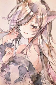  1girl absurdres animal_ears back bare_shoulders brown_hair commentary dress hair_over_one_eye highres imaizumi_kagerou kamu_kotan long_hair long_sleeves looking_at_viewer off-shoulder_dress off_shoulder open_mouth red_eyes smile solo touhou traditional_media white_dress wolf_ears wolf_girl 