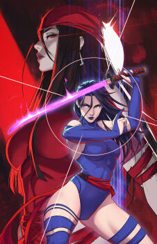  2girls arm_up bandana black_hair black_nails breasts comic_cover commentary cowboy_shot earrings elektra elektra_natchios english_commentary eye_trail gloves glowing glowing_sword glowing_weapon highres holding holding_sword holding_weapon jewelry jhony_caballero katana large_breasts leotard light_trail linea_alba long_hair looking_to_the_side marvel multiple_girls official_art partially_fingerless_gloves profile psylocke purple_eyes purple_gloves purple_hair purple_leotard purple_lips purple_thighhighs red_background red_bandana red_eyes red_leotard red_sash sash superhero_costume sword thigh_strap thighhighs triangle_earrings waist_sash weapon x-men 