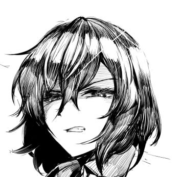  1girl clenched_teeth collared_shirt commentary_request greyscale hair_between_eyes kazami_yuuka long_bangs looking_at_viewer monochrome sadahiro_(chicken_nugget_gyuuniku_aji) shirt simple_background solo teeth touhou v-shaped_eyebrows 