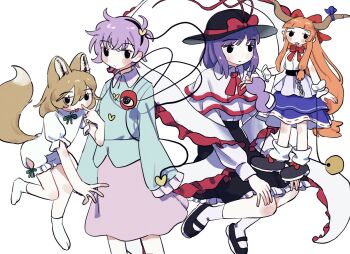  4girls akanbe animal_ears antenna_hair black_hairband black_hat black_shoes black_skirt blue_shirt blush bow chain eyelid_pull fox_ears fox_girl fox_tail frilled_skirt frilled_sleeves frills gourd hairband hat hat_bow highres holding holding_gourd horns ibuki_suika jitome komeiji_satori kudamaki_tsukasa long_hair mary_janes medium_hair multiple_girls nagae_iku open_mouth pink_skirt purple_hair red_bow red_hair romper shirt shoes simple_background skirt sleeves_past_fingers sleeves_past_wrists socks tabi tail third_eye tongue tongue_out touhou warokeru white_background white_romper white_shirt white_socks 