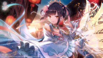  1girl backlighting bare_shoulders blue_dress blunt_bangs blurry blurry_background china_dress chinese_clothes collarbone copyright_logo copyright_notice cowboy_shot dress electricity electrokinesis eyelashes eyes_visible_through_hair floating_clothes floral_print floral_print_dress floral_print_sleeves flower folding_fan frilled_sleeves frills glint gold_tiara hair_flower hair_ornament hair_ribbon hair_rings hand_fan hands_up heaven_burns_red highres holding holding_fan holding_weapon kanzashi li_yingxia li_yingxia_(alluring_dayflowers) lips logo long_sleeves looking_at_viewer medium_hair official_alternate_costume official_art official_wallpaper orange_eyes outdoors parted_lips pink_flower pink_ribbon pink_rose print_dress ribbon rose sidelocks smile solo sunlight tiara weapon wide_sleeves 