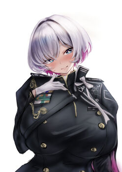  1girl absurdres alternate_breast_size_(larger) buttons collared_coat colycycle gloves goddess_of_victory:_nikke hand_on_own_chest highres liliweiss_(nikke) military_dress_uniform military_rank_insignia military_uniform multicolored_hair pink_hair short_hair star-shaped_pupils star_(symbol) symbol-shaped_pupils two-tone_hair white_background white_gloves white_hair 