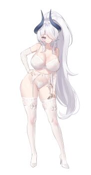  1girl absurdres blue_eyes bow breasts character_request cleavage collarbone commentary_request detached_sleeves dragon_tattoo full_body garter_straps hair_over_one_eye high_heels high_ponytail highres horns keibeam korean_commentary lace lace-trimmed_thighhighs lace_garter_belt lace_panties lace_sleeves lace_trim large_breasts long_hair navel original panties ponytail shoes simple_background smile solo standing tattoo thighhighs underwear very_long_hair white_background white_bow white_hair white_panties white_shoes white_thighhighs 