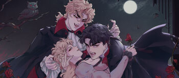  1girl 2boys absurdres ascot bare_tree bat_(animal) bisexual_male black_cape black_choker black_hair blonde_hair cape carrying carrying_person chimera choker commentary dio_brando dress english_commentary erina_pendleton eyeshadow fangs fingernails flower frilled_sleeves frills full_moon grey_dress hand_on_another's_cheek hand_on_another's_face highres holding holding_flower jojo_no_kimyou_na_bouken jonathan_joestar juliet_sleeves licking_lips long_fingernails long_hair long_sleeves looking_at_another looking_at_viewer looking_down makeup medium_hair moon multiple_boys night noquelle open_mouth phantom_blood polyamory puffy_sleeves red_eyes red_eyeshadow red_flower red_rose rose sharp_fingernails shirt short_hair smile thick_eyebrows tongue tongue_out tree v-shaped_eyebrows vampire white_ascot white_shirt 