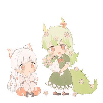  2girls :o absurdly_long_hair absurdres arm_belt baggy_pants belt belt_buckle black_shoes bouquet bow buckle chibi chinese_commentary collared_shirt commentary_request crossed_ankles dress ex-keine flower footwear_bow frilled_dress frills fujiwara_no_mokou giving_flower green_dress green_hair green_tail hair_between_eyes hair_bow hair_flower hair_ornament highres holding holding_bouquet horn_ornament horn_ribbon horns juliet_sleeves kamishirasawa_keine lace-trimmed_sleeves lace_trim large_bow long_dress long_hair long_sleeves mary_janes messy_hair miaoliang01075 multi-tied_hair multiple_girls multiple_hair_bows ofuda ofuda_on_clothes open_mouth pants pantyhose pink_flower puffy_long_sleeves puffy_sleeves red_belt red_bow red_eyes red_pants red_ribbon ribbon ribbon-trimmed_bow ribbon_trim shirt shoes short_sleeves simple_background sitting touhou two-tone_bow very_long_hair white_background white_bow white_hair white_pantyhose white_shirt yellow_horns yuri 