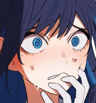  1girl ado_(utaite) biting_own_lip blue_eyes blue_hair blush chando_(ado) close-up commentary gloves highres long_hair mole mole_under_eye nervous_sweating riseno solo sweat untranslatable_commentary utaite white_gloves 