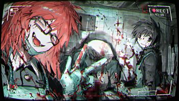  2boys apron black_eyes black_hair blood blood_on_clothes blood_on_face blood_on_hands blood_on_wall blue_apron blue_gloves commentary_request corpse fangs fuji_den_fujiko gakuran glasses gloves long_hair looking_at_viewer male_focus multiple_boys murder pincers_(tool) randal's_friends randal_ivory red_hair rubber_gloves school_uniform short_hair tile_wall tiles tsukada_satoru v 