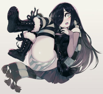  1girl aria_wintermint ass bare_shoulders black_boots black_hair black_scarf black_shirt black_skirt black_thighhighs blush boots breasts cleavage commentary commission detached_sleeves floating full_body fur-trimmed_boots fur_trim goth_fashion green_eyes grey_background hair_over_one_eye large_breasts legs_up long_hair looking_at_viewer open_mouth panties pantyshot parororo scarf see-through_cleavage see-through_clothes see-through_sleeves shirt simple_background skirt solo striped_clothes striped_panties striped_scarf striped_thighhighs teeth the_crawling_city thighhighs thighs underwear upper_teeth_only very_long_hair white_panties  rating:Sensitive score:38 user:danbooru