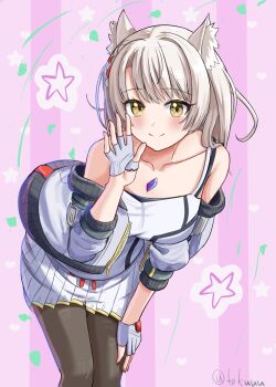  1girl absurdres animal_ears bare_shoulders bent_over black_pantyhose camisole cat_ears cat_girl chest_jewel highres jacket long_hair mio_(xenoblade) off_shoulder pantyhose pink_background pleated_skirt skirt solo standing tokuh_(toku_h_) white_camisole white_jacket white_skirt xenoblade_chronicles_(series) xenoblade_chronicles_3 