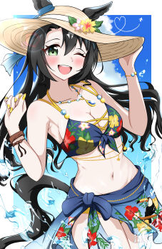  1girl absurdres abyss_kpn_(ki) animal_ears artist_name bare_shoulders bikini bird black_hair blue_bikini blue_sarong blue_sky blush breasts cleavage collarbone commentary_request ears_through_headwear floral_print floral_print_bikini floral_print_sarong green_eyes hair_between_eyes hat highres horse_ears horse_girl horse_tail jewelry long_hair looking_at_viewer multicolored_hair navel necklace official_alternate_costume official_alternate_hairstyle one_eye_closed open_mouth print_bikini sarong satono_crown_(sunny_island_splendor)_(umamusume) satono_crown_(umamusume) sky smile solo stomach straw_hat streaked_hair sun_hat swimsuit tail teeth toucan umamusume upper_teeth_only water white_hair yellow_nails 