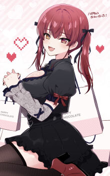  1girl :d anko_udachi arm_warmers arrow_through_heart bag black_corset black_dress black_nails black_ribbon black_thighhighs breasts cleavage_cutout clothing_cutout collared_dress commentary_request corset diagonal-striped_background double-parted_bangs dress english_text fang fingernails frilled_shirt_collar frills from_side furrowed_brow grey_arm_warmers hair_ribbon handbag hands_up heart heart_background heart_o-ring heterochromia high_heels highres holding holding_bag hololive houshou_marine lace lace_arm_warmers large_breasts long_hair looking_at_viewer nail_polish o-ring official_alternate_costume open_mouth own_hands_together pink_background pixel_heart puffy_short_sleeves puffy_sleeves raised_inner_eyebrows red_eyes red_hair red_ribbon red_shoes ribbon ribbon-trimmed_sleeves ribbon_trim ring_light_reflection shiny_skin shoes shopping_bag short_dress short_sleeves shoulder_bag simple_background sitting skin_fang smile solo song_name striped_background thighhighs translation_request turning_head twintails underbust unmoving_pattern virtual_youtuber wariza white_bag wing_collar yellow_eyes zettai_ryouiki 