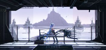  1girl 3d_background absurdly_long_hair absurdres alsace_(azur_lane) azur_lane battleship black_gloves black_thighhighs blue_eyes blue_hair blue_ribbon breasts character_name commentary cyp3a2 elbow_gloves english_commentary film_grain french_text from_behind full_body gauntlets gloves halo halo_behind_head hangar high-waist_skirt highres island large_breasts leg_wings long_hair mechanical_wings military_vehicle miniskirt on_bench overexposure ribbon ribbon_as_bra scenery ship sitting skirt solo thighhighs translation_request vambraces very_long_hair warship watercraft white_skirt wings 