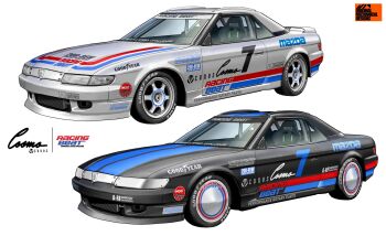  asterozoa black_car car commentary english_commentary goodyear grey_car highres mazda mazda_cosmo motor_vehicle no_humans original simple_background sparco spoiler_(automobile) sponsor vehicle_focus white_background 