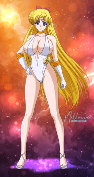  1girl adult_swim aino_minako bare_legs big_breasts bikini bishoujo_senshi_sailor_moon bishoujo_senshi_sailor_moon_r bishoujo_senshi_sailor_moon_r:_the_movie bishoujo_senshi_sailor_moon_s bishoujo_senshi_sailor_moon_s_the_movie:_kaguya-hime_no_koibito bishoujo_senshi_sailor_moon_supers bishoujo_senshi_sailor_moon_supers_the_movie:_sailor_9_senshi_shuuketsu!_black_dream_hole_no_kiseki blonde_hair blue_eyes breasts cleavage elbow_gloves gloves neldorwen one-piece_bikini pin_up sandals swimsuit toei_company toonami 
