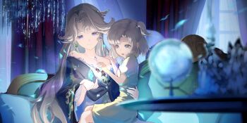  0gen3_illust :d absurdres aged_down beryl_bouanich black_cloak blonde_hair blue_eyes blue_gem blurry blurry_foreground chandelier cloak closed_mouth commentary_request couch crescent crescent_earrings crystal_ball crystal_earrings curtains depth_of_field dragonfly_hair_ornament dress earrings floating_earrings gem hand_on_another's_waist highres indoors jewelry lens_flare long_hair looking_at_object matilda_bouanich mismatched_earrings mother_and_daughter on_couch one_side_up open_mouth puffy_short_sleeves puffy_sleeves reverse:1999 short_dress short_hair short_sleeves sitting sitting_on_lap sitting_on_person smile yellow_dress 