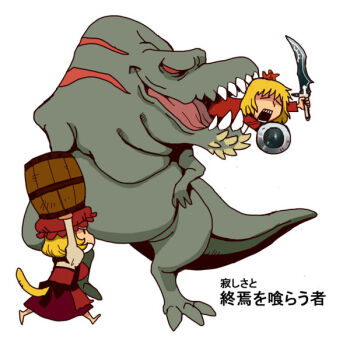  2girls aki_minoriko aki_shizuha barrel blonde_hair cat_tail closed_eyes commentary_request crossover deviljho dinosaur dress full_body hair_ornament hat holding holding_shield holding_sword holding_weapon leaf_hair_ornament mob_cap monster monster_hunter_(series) monster_hunter_portable_3rd multiple_girls onikobe_rin open_mouth red_dress red_hat shield short_hair siblings simple_background sisters sword tail touhou translation_request weapon white_background 