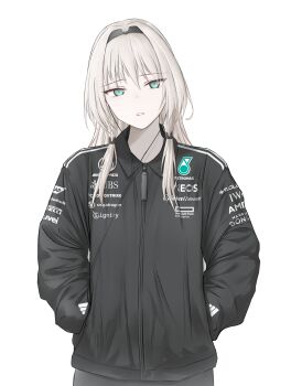  1girl absurdres adidas an-94_(girls'_frontline) aqua_eyes black_jacket blonde_hair choppy_bangs collared_jacket commentary earphones girls'_frontline hair_intakes hairband hands_in_pockets highres jacket long_hair long_sleeves looking_at_viewer low_twintails mercedes-benz parted_lips petronas pirelli sidelocks simple_background solo sponsor teeth thick_eyelashes twintails white_background woon zipper 
