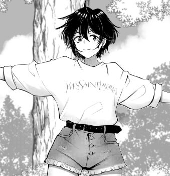  1girl ahoge anna_ayasaki belt belt_buckle buckle closed_mouth clothes_writing commentary cowboy_shot double-parted_bangs earrings greyscale hair_between_eyes highres jewelry looking_at_viewer mole mole_under_eye monochrome original outdoors outstretched_arms short_hair short_shorts shorts smile solo studionice2011 tree yves_saint_laurent 