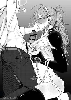  2boys ahoge arched_back ass bar_censor bare_pectorals belt between_pecs between_pectorals black_background black_gloves black_thighhighs blush bulge censored chest_harness commentary_request dry_humping edmond_(nu_carnival) eiden_(nu_carnival) erection erection_under_clothes fingerless_gloves frottage full-face_blush furrowed_brow gem gloves gradient_background grey_background grinding groin hair_between_eyes hairband hand_on_another's_cheek hand_on_another's_face harness head_out_of_frame heart heavy_breathing high_collar highres humping jewelry kneeling large_pectorals long_hair looking_up male_focus monochrome motion_lines multiple_boys necklace nipples nu_carnival open_belt open_clothes open_shirt pants pecjob pectoral_squeeze pectorals pointless_censoring ponytail puff_of_air sweat tearing_up thigh_strap thighhighs twitter_username user_tppp8223 yaoi 